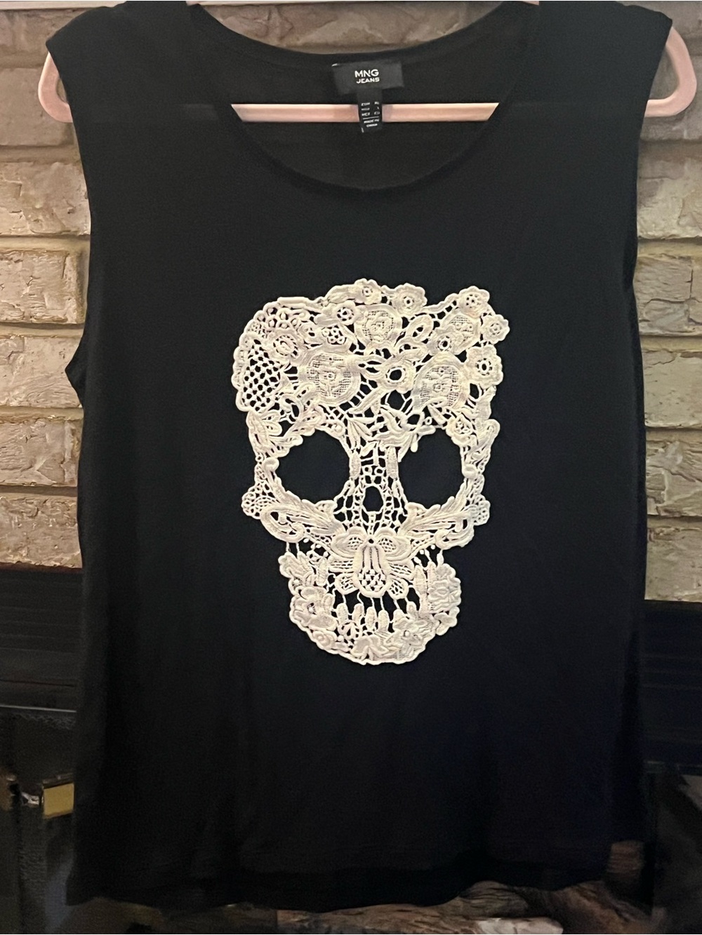 MNG Black Tank Top with White Lace Skull